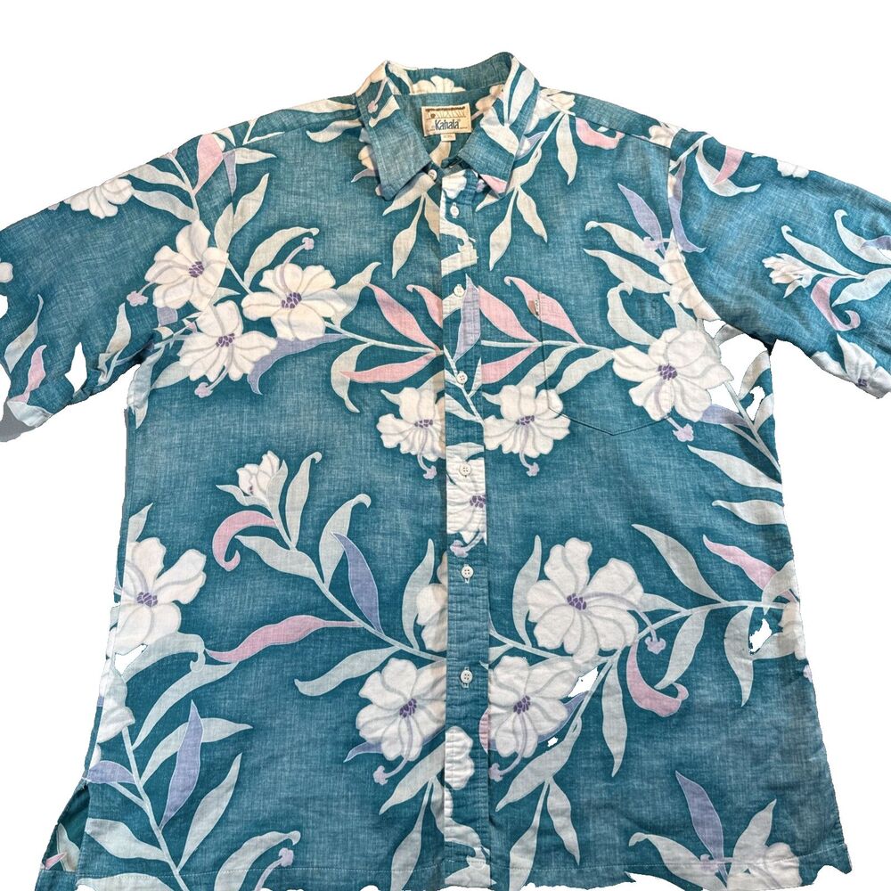 Kahala Reverse Print Floral Theme Cotton Hawaiian Shirt Made In Hawaii Size 2XL